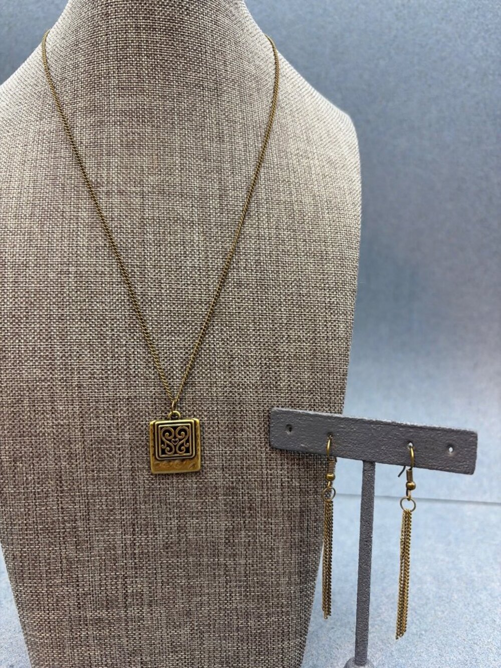 Necklace Earrings Set Brass Square Pendant Dangling Fringe Vintage-Inspired Boho
